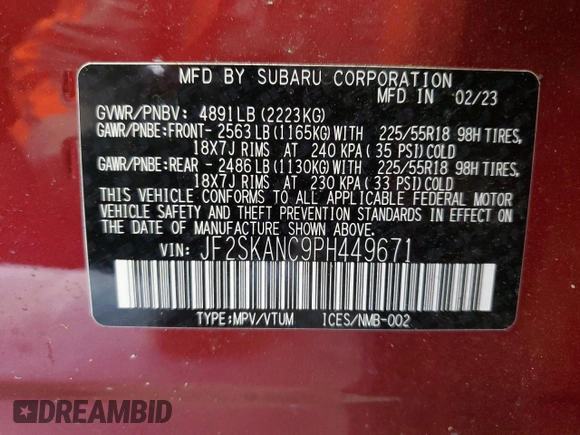 2023 Subaru Forester Limited with VIN JF2SKANC9PH449671, listed as a Copart auction lot 53366825 with 25,163 mi miles and Salvage title. Bid and sale history available at DreamBid. Image 13.