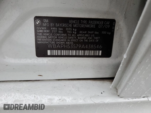 2009 BMW 3 Series 328i with VIN WBAPH53579A438546, listed as a Copart auction lot 85115464 with 86,775 mi miles and Salvage title. Bid and sale history available at DreamBid. Image 12.