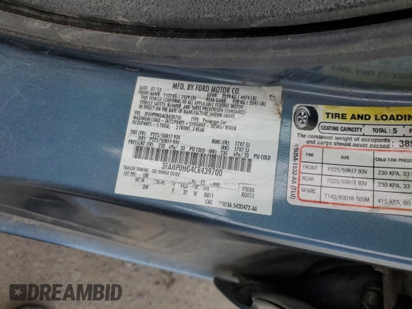 2012 Ford Fusion SE with VIN 3FAHP0HG4CR439700, listed as a Copart auction lot 55185555 with 130,453 mi miles and Clean Title. Bid and sale history available at DreamBid. Image 13.