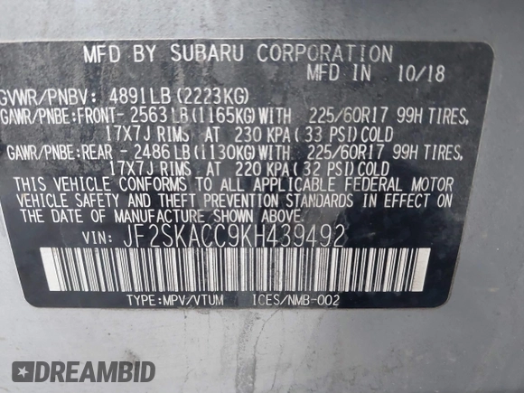 2019 Subaru Forester with VIN JF2SKACC9KH439492, listed as a IAAI auction lot 41570280 with 186,563 mi miles. Bid and sale history available at carsss.com. Image 9.