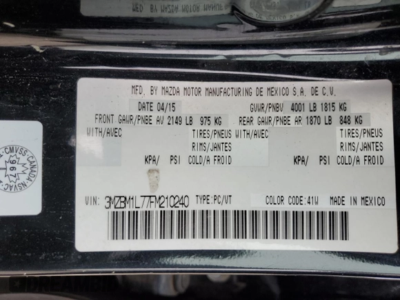 2015 Mazda 3 i Touring with VIN 3MZBM1L77FM210240, listed as a Copart auction lot 53860425 with Not provided miles and Salvage title. Bid and sale history available at DreamBid. Image 13.