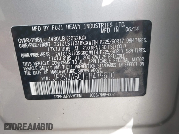 2015 Subaru Forester 2.5i with VIN JF2SJABC1FH475610, listed as a IAAI auction lot 42170226 with 130,731 mi miles. Bid and sale history available at carsss.com. Image 9.