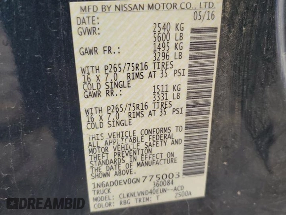 2016 Nissan Frontier SV с VIN 1N6AD0EV0GN775003, выставлен на аукционе Copart как лот 65111245 с пробегом 132 631 миль миль и Списание • Salvage title. История ставок и продаж доступна на DreamBid. Изображение 12.