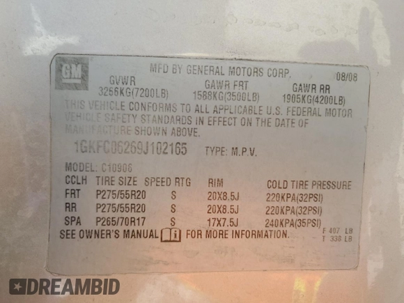 2009 GMC Yukon XL z VIN 1GKFC06269J102165, wystawiony jako Copart lot #54874955 z przebiegiem 248 831 mil mil oraz Szkoda całkowita • Salvage title. Historia ofert i sprzedaży dostępna na DreamBid. Obrazek 13.