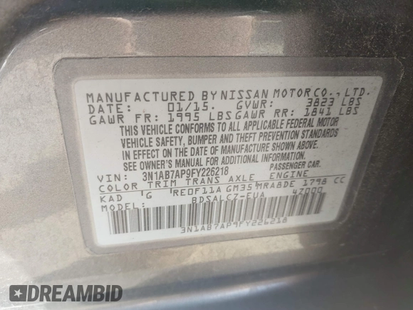 2015 Nissan Sentra SV with VIN 3N1AB7AP9FY226218, listed as a IAAI auction lot 41764048 with 49,365 mi miles and . Bid and sale history available at DreamBid. Image 9.