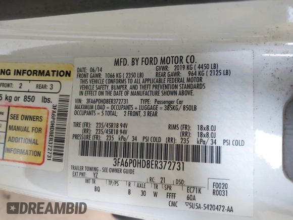2014 Ford Fusion SE with VIN 3FA6P0HD8ER372731, listed as a IAAI auction lot 39915643 with 136,635 mi miles and . Bid and sale history available at DreamBid. Image 9.