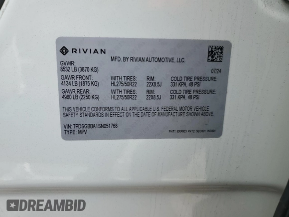 2025 Rivian R1S Adventure z VIN 7PDSGBBA1SN051768, wystawiony jako Copart lot #43838115 z przebiegiem 4875 mil mil oraz Szkoda całkowita • Salvage title. Historia ofert i sprzedaży dostępna na DreamBid. Obrazek 15.