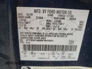 2009 Ford F-150 XL with VIN 1FTRW14889FB41601, listed as a Copart auction lot 61250445 with 101,637 mi miles and Clean title. Bid and sale history available at DreamBid. Image 12.