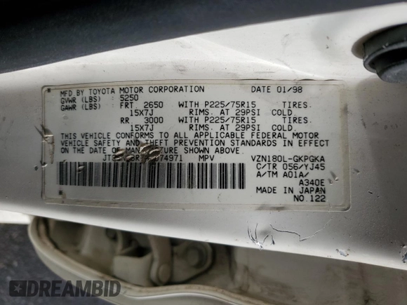 1998 Toyota 4Runner SR5 with VIN JT3GN86R7W0074971, listed as a Copart auction lot 83239524 with 270,323 mi miles and Salvage title. Bid and sale history available at DreamBid. Image 13.