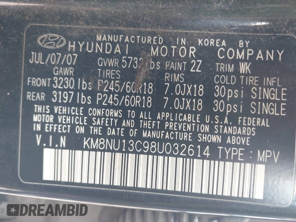 2008 Hyundai Veracruz GLS z VIN KM8NU13C98U032614, wystawiony jako IAAI lot #41778158 z przebiegiem Nie podano mil oraz . Historia ofert i sprzedaży dostępna na DreamBid. Obrazek 9.
