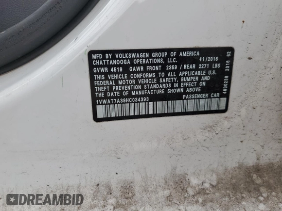 2017 Volkswagen Passat S with VIN 1VWAT7A39HC034393, listed as a Copart auction lot 58873325 with 112,084 mi miles and Salvage title. Bid and sale history available at DreamBid. Image 13.