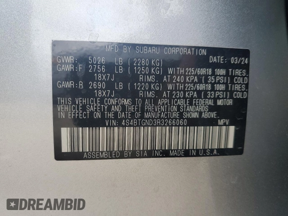 2024 Subaru Outback Limited XT with VIN 4S4BTGND3R3266060, listed as a Copart auction lot 81625234 with 7,553 mi miles and Salvage title. Bid and sale history available at DreamBid. Image 13.