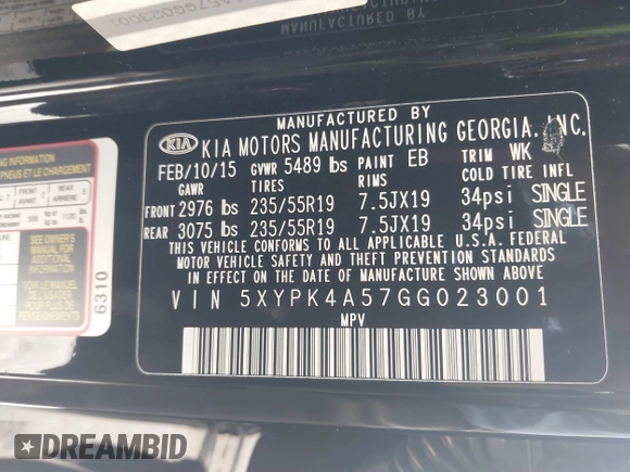 2016 Kia Sorento SX with VIN 5XYPK4A57GG023001, listed as a IAAI auction lot 41154189 with 93,399 mi miles. Bid and sale history available at carsss.com. Image 9.