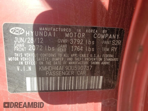 2013 Hyundai Elantra Limited with VIN KMHDH4AE9DU590737, listed as a Copart auction lot 46362195 with 213,578 mi miles and Salvage Title. Bid and sale history available at carsss.com. Image 14.