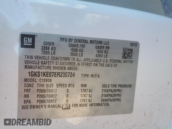 2014 GMC Yukon XL SLT with VIN 1GKS1KE07ER235724, listed as a Copart auction lot 84647084 with 192,625 mi miles and Salvage Title. Bid and sale history available at carsss.com. Image 13.