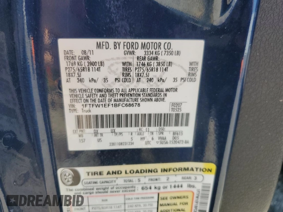 2011 Ford F-150 XL with VIN 1FTFW1EF1BFC68678, listed as a Copart auction lot 62378315 with 51,456 mi miles and Clean title. Bid and sale history available at DreamBid. Image 12.