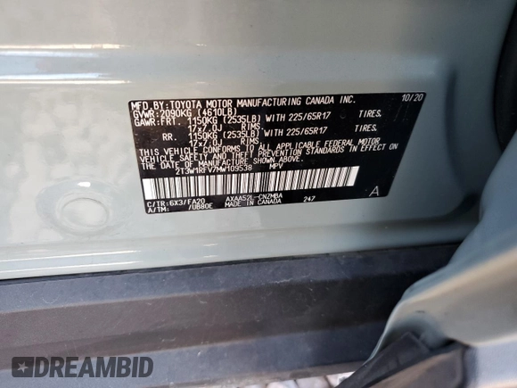 2021 Toyota RAV4 XLE with VIN 2T3W1RFV7MW109538, listed as a Copart auction lot 46489895 with 33,932 mi miles and Salvage Title. Bid and sale history available at carsss.com. Image 13.