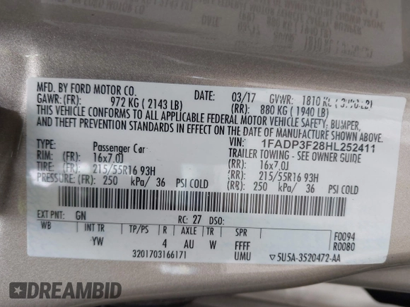 2017 Ford Focus SE with VIN 1FADP3F28HL252411, listed as a IAAI auction lot 41888738 with 103,981 mi miles. Bid and sale history available at carsss.com. Image 9.