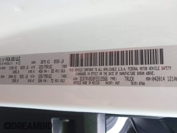 2015 Ram ProMaster Cargo with VIN 3C6TRVBG9FE512566, listed as a IAAI auction lot 41854974 with 137,519 mi miles and . Bid and sale history available at carsss.com. Image 9.