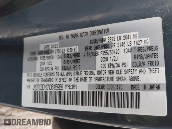 2022 Mazda CX-9 Grand Touring with VIN JM3TCBDY0N0615968, listed as a IAAI auction lot 42312159 with 22,912 mi miles and . Bid and sale history available at DreamBid. Image 9.