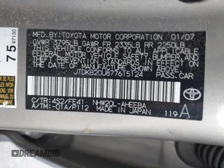 2007 Toyota Prius with VIN JTDKB20U877615124, listed as a IAAI auction lot 42025313 with 189,750 mi miles. Bid and sale history available at carsss.com. Image 9.