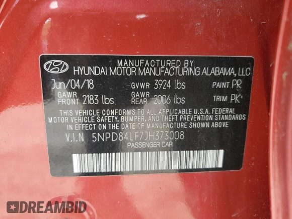 2018 Hyundai Elantra SEL z VIN 5NPD84LF7JH373008, wystawiony jako Copart lot #56571155 z przebiegiem 66 448 mil mil oraz Szkoda całkowita • Salvage title. Historia ofert i sprzedaży dostępna na DreamBid. Obrazek 13.