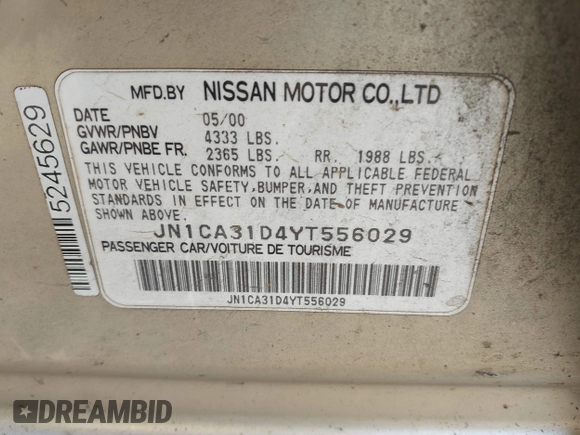 2000 Nissan Maxima GXE with VIN JN1CA31D4YT556029, listed as a IAAI auction lot 42160508 with 227,696 mi miles and . Bid and sale history available at DreamBid. Image 9.