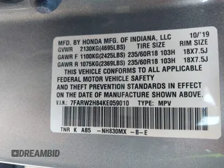 2019 Honda CR-V EX-L with VIN 7FARW2H84KE059010, listed as a IAAI auction lot 41971966 with 52,075 mi miles and . Bid and sale history available at carsss.com. Image 9.