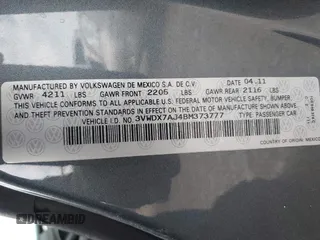 2011 Volkswagen Jetta SE with VIN 3VWDX7AJ4BM373777, listed as a IAAI auction lot 41895466 with 222,542 mi miles and . Bid and sale history available at DreamBid. Image 9.