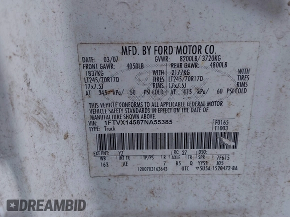 2007 Ford F-150 XL with VIN 1FTVX14587NA55385, listed as a IAAI auction lot 41500974 with 147,045 mi miles and . Bid and sale history available at carsss.com. Image 9.