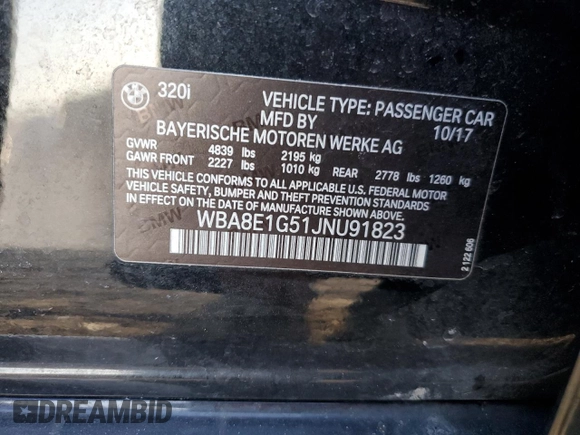 2018 BMW 3 Series 320i with VIN WBA8E1G51JNU91823, listed as a Copart auction lot 46273865 with 100,465 mi miles and Salvage Title. Bid and sale history available at carsss.com. Image 12.