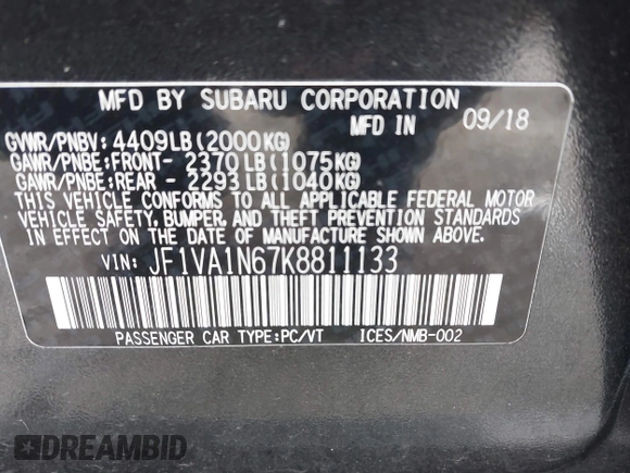 2019 Subaru WRX Limited with VIN JF1VA1N67K8811133, listed as a IAAI auction lot 41393679 with 1 mi miles. Bid and sale history available at carsss.com. Image 9.