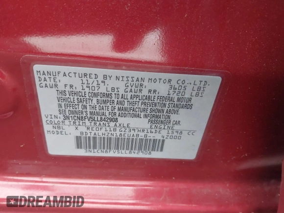 2020 Nissan Versa SR with VIN 3N1CN8FV5LL842908, listed as a IAAI auction lot 42032114 with 49,651 mi miles and . Bid and sale history available at DreamBid. Image 9.
