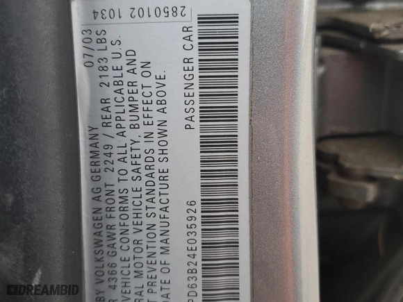 2004 Volkswagen Passat Sedan GLS with VIN WVWPD63B24E035926, listed as a Copart auction lot 74698874 with 189,392 mi miles and Salvage Title. Bid and sale history available at carsss.com. Image 12.