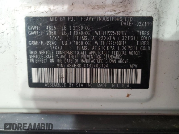 2011 Subaru Outback Limited с VIN 4S4BRDJC1B2403194, выставлен на аукционе Copart как лот 59527055 с пробегом 194 352 миль миль и Списание • Salvage title. История ставок и продаж доступна на DreamBid. Изображение 13.