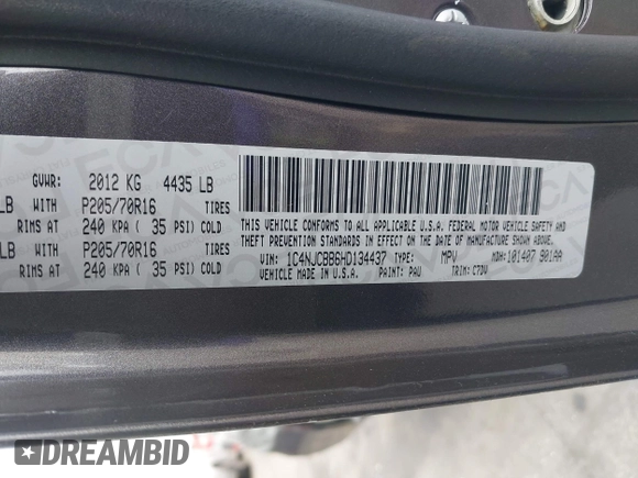 2017 Jeep Compass Sport with VIN 1C4NJCBB6HD134437, listed as a IAAI auction lot 42064834 with 118,685 mi miles and . Bid and sale history available at DreamBid. Image 9.