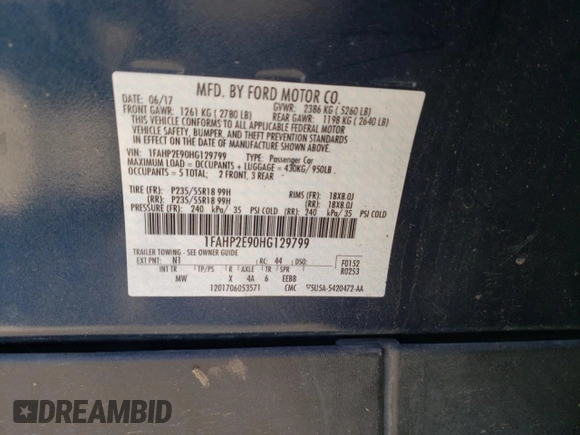 2017 Ford Taurus SEL with VIN 1FAHP2E90HG129799, listed as a Copart auction lot 81392943 with Not provided miles and Salvage title. Bid and sale history available at DreamBid. Image 13.