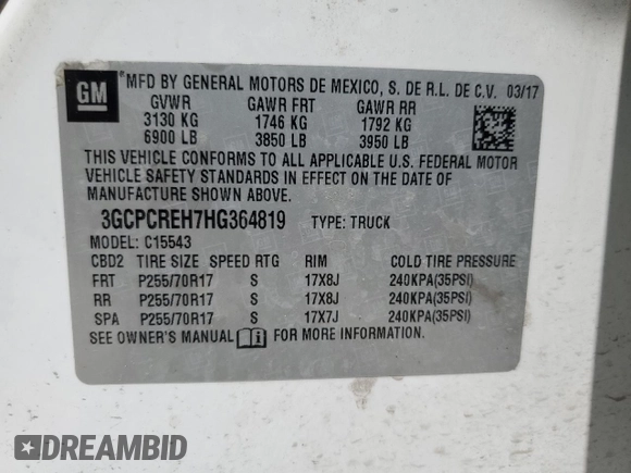 2017 Chevrolet Silverado 1500 LT with VIN 3GCPCREH7HG364819, listed as a Copart auction lot 75626094 with Not Provided miles and Clean Title. Bid and sale history available at DreamBid. Image 13.