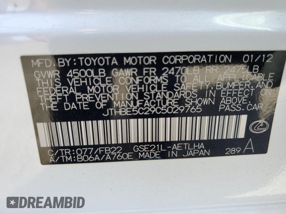 2012 Lexus IS 350 with VIN JTHBE5C29C5029765, listed as a Copart auction lot 41739515 with 135,099 mi miles and Salvage title. Bid and sale history available at DreamBid. Image 12.