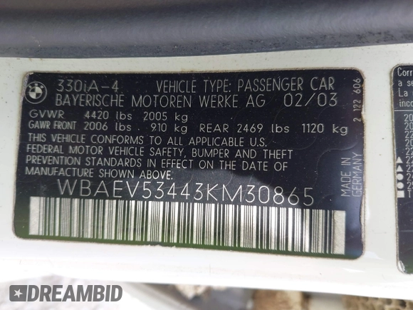 2003 BMW 3 Series 330i with VIN WBAEV53443KM30865, listed as a IAAI auction lot 42027481 with 1 mi miles. Bid and sale history available at carsss.com. Image 9.