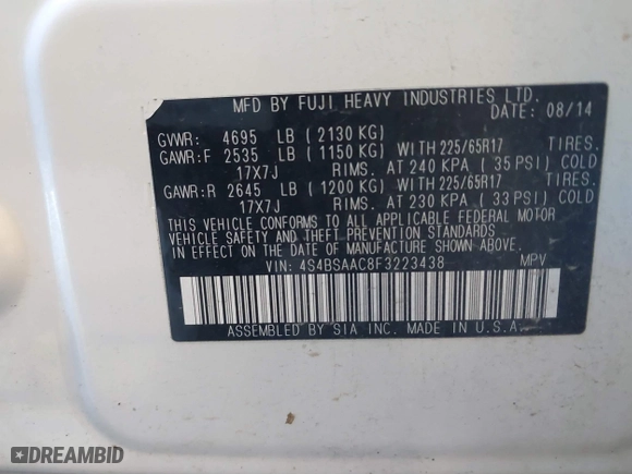 2015 Subaru Outback 2.5i with VIN 4S4BSAAC8F3223438, listed as a IAAI auction lot 41389949 with 138,031 mi miles. Bid and sale history available at carsss.com. Image 9.