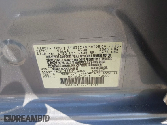 2012 Nissan Versa SV with VIN 3N1CN7AP2CL945917, listed as a IAAI auction lot 42608281 with 142,592 mi miles and . Bid and sale history available at DreamBid. Image 9.