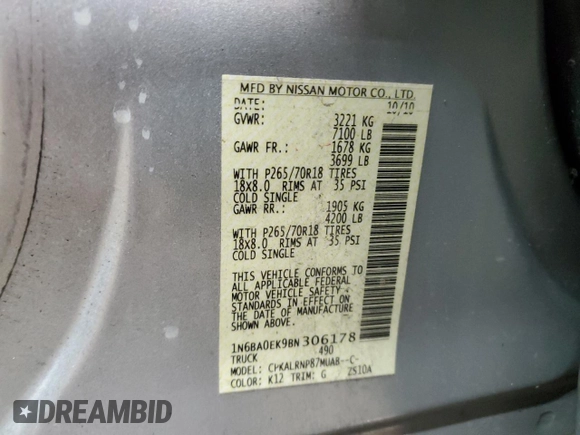 2011 Nissan Titan SV with VIN 1N6BA0EK9BN306178, listed as a Copart auction lot 85251764 with Not Provided miles and Salvage Title. Bid and sale history available at DreamBid. Image 14.