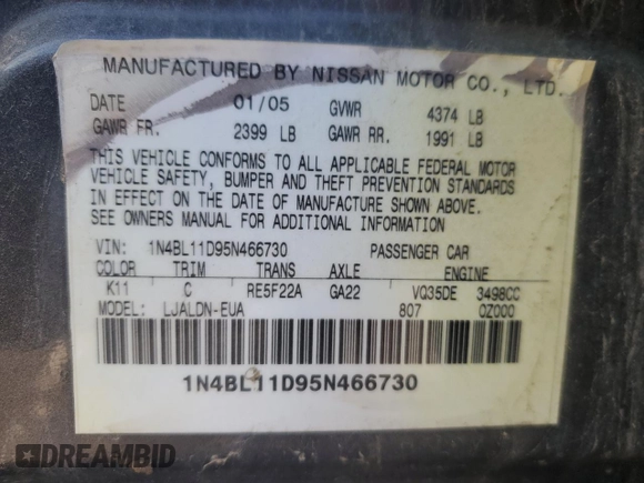 2005 Nissan Altima 3.5 SE with VIN 1N4BL11D95N466730, listed as a Copart auction lot 46730555 with 0 mi miles and Clean Title. Bid and sale history available at carsss.com. Image 12.