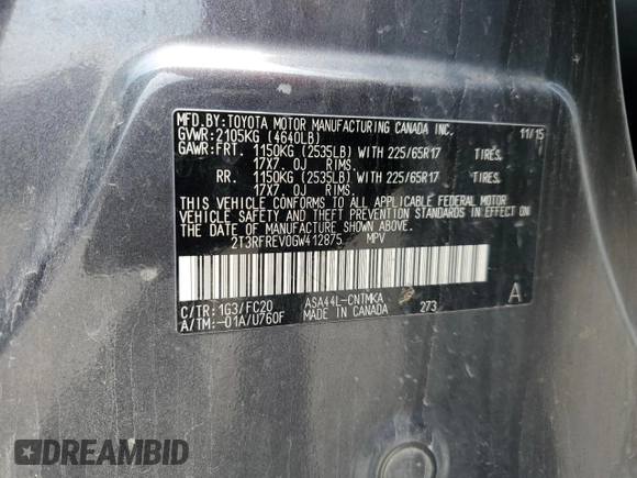 2016 Toyota RAV4 XLE with VIN 2T3RFREV0GW412875, listed as a Copart auction lot 59497545 with 226,604 mi miles and Salvage title. Bid and sale history available at DreamBid. Image 13.