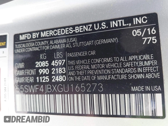 2016 Mercedes-Benz C 300 with VIN 55SWF4JBXGU165273, listed as a IAAI auction lot 42175112 with 104,261 mi miles and . Bid and sale history available at DreamBid. Image 9.