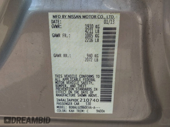 2013 Nissan Altima SL with VIN 1N4AL3APXDC210740, listed as a IAAI auction lot 42421943 with 67,378 mi miles and . Bid and sale history available at DreamBid. Image 9.