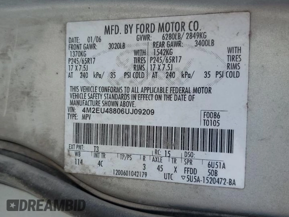 2006 Mercury Mountaineer Premier with VIN 4M2EU48806UJ09209, listed as a Copart auction lot 50869405 with 0 mi miles and Salvage Title. Bid and sale history available at carsss.com. Image 13.