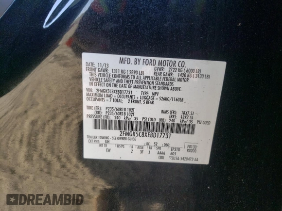 2014 Ford Flex SEL z VIN 2FMGK5C8XEBD17731, wystawiony jako Copart lot #55365185 z przebiegiem 195 780 mil mil oraz Szkody całkowita. Historia ofert i sprzedaży dostępna na DreamBid. Obrazek 14.
