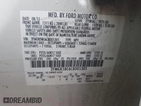 2012 Ford Flex SE with VIN 2FMGK5BC6CBD05305, listed as a Copart auction lot 48938655 with 118,295 mi miles and Salvage Title. Bid and sale history available at carsss.com. Image 15.
